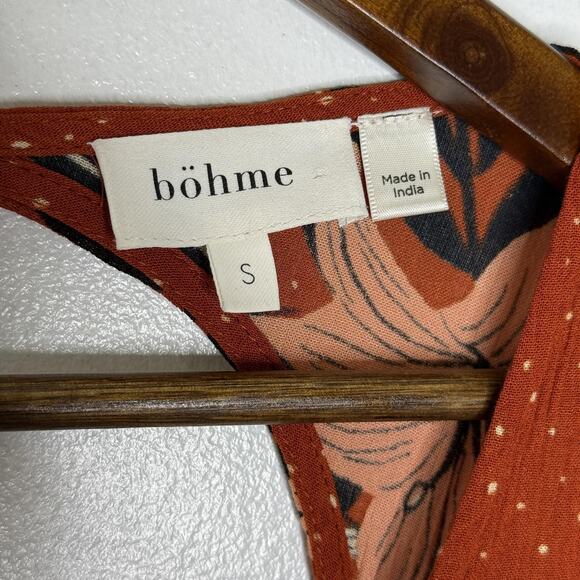 Bohme Dress Womens Small Rust Orange Floral Midi Short Sleeve Boho 100% Rayon - Picture 3 of 9